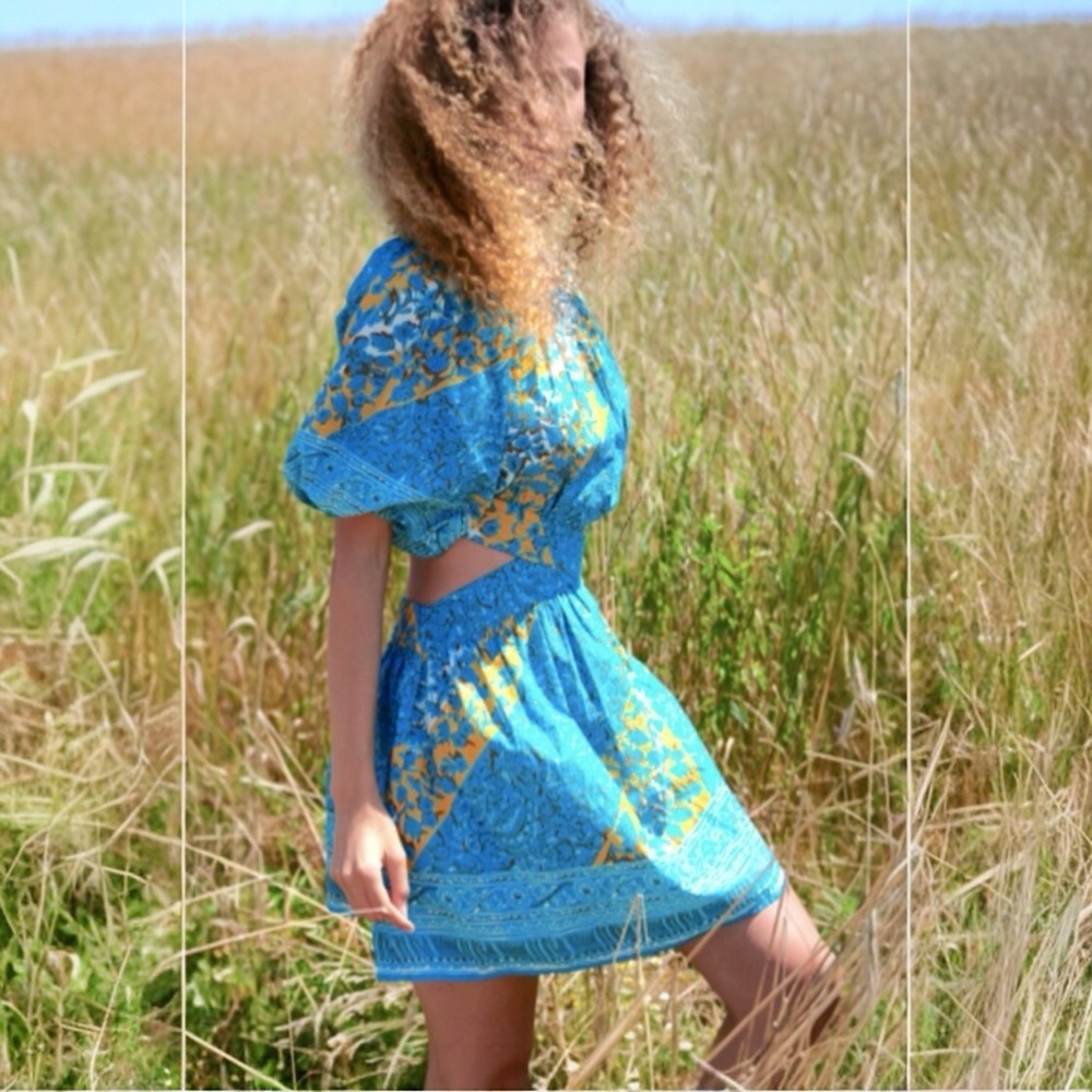 Love the Label Anthropologie Arya Dress Blueโ Yellow Cutout Cotton Puff Sleeve M
